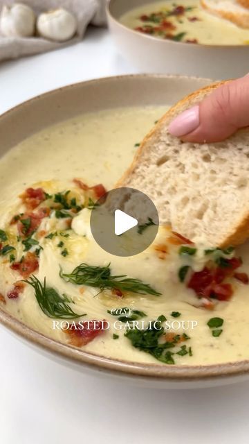 Easy Roasted Garlic Soup, Hangover Soup, Garlic Soup Recipe, Roasted Garlic Soup, Easy Roasted Garlic, Garlic Soup, Garlic Recipes, Creamy Soup, Easy Soups