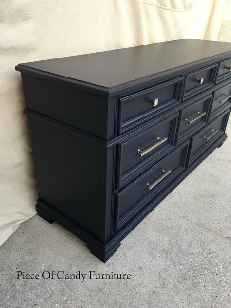 Navy Tall Dresser, Dark Navy Furniture, Navy Dresser With Gold Hardware, Navy Blue Dresser Bedroom, Navy Blue Dressers Painted, Blue Grey Dresser, Navy Blue Bedroom Furniture, Dark Blue Dresser, Updated Dresser