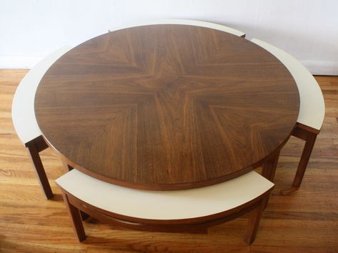 Mid century modern round game coffee table with 4 hidden chairs Table With Hidden Chairs, Round Game Table, Game Coffee Table, Mid Century Kitchen Table, Game Table And Chairs, White Formica, Modern Game Tables, Parquet Design, Compact Table And Chairs