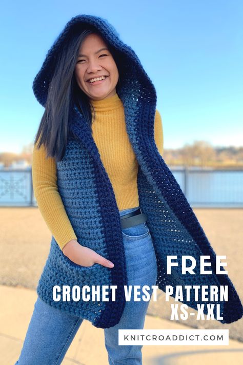 This crochet hooded vest pattern includes women's sizes XS-XXL with step-by-step video tutorial and written instructions. It's super cozy, warm and fashionable. Crochet Vest Outfit, Crochet Vest Pattern Free, Crochet Blouse Pattern, Vest Pattern Free, Crochet Sweater Vest, Crochet Hoodie, Baby Frock Pattern, Crochet Vest Pattern, Hoodie Pattern