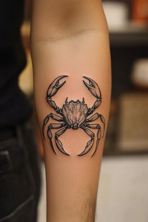 Detailed crab tattoo on a person's forearm. Crustacean Tattoo, Tidal Wave Tattoo, Crab Tattoo For Women, Cancerian Tattoo For Women, Cancerian Tattoo, Nautical Compass Tattoo, Zodiac Energy, Claw Tattoo, Water Lily Tattoos