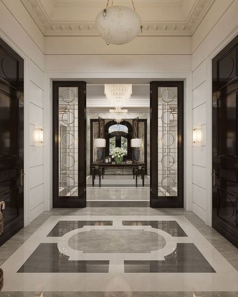 LOBBY Entrance Foyer Flooring, Home Lobby Design Entrance, Classic Foyer, Gatsby House, Luxury Marble Flooring, House Hall Design, Apartment Lobby, Foyer Flooring, San Myshuno