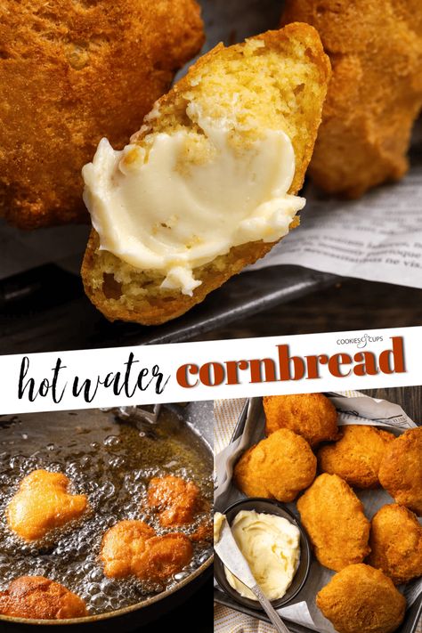 Crispy hot water cornbread is totally crave-worthy! Fried cornbread is an easy side dish to pair with your favorite Southern meals, crispy on the outside, tender on the inside! Fried Cornbread Recipe, Cornbread Cookies, Hot Water Cornbread Recipe, Southern Meals, Water Cornbread, Fried Cornbread, Hot Water Cornbread, Cookies And Cups, Recipe Bread