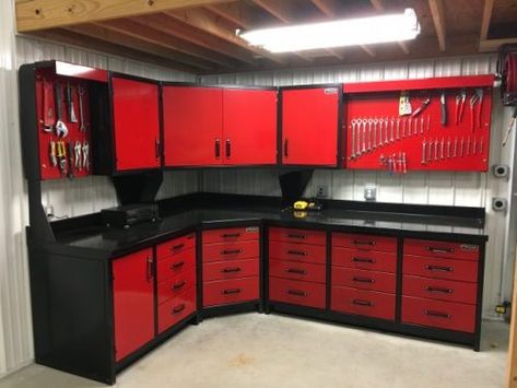 Corner unit with upper Milwaukee Garage, Heavy Duty Workbench, Custom Garage Cabinets, Organized Garage, Man Garage, Garage Design Interior, Garage Organization Tips, Garage Workshop Organization, Backyard Storage Sheds