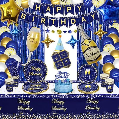 Blue And Gold Party Decorations, Gold Party Balloons, Blue Gold Party, Blue And Gold Party, Party Utensils, Blue Party Decorations, Gold Foil Design, Gold Party Decorations, Balloons Birthday