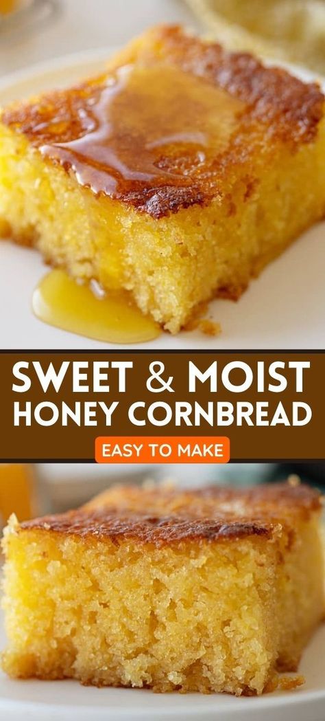 This Homemade Cornbread is very tender, moist, sweet, flavorful, and buttery. It has a golden crust and crispy edges because it’s baked in a cast-iron skillet. Moist Honey Cornbread Recipe, Homemade Sweet Cornbread, Honey Cornbread Recipe, Honey Corn, Cornmeal Recipes, Best Cornbread Recipe, Cornbread Recipe Sweet, Moist Cornbread, Honey Cornbread