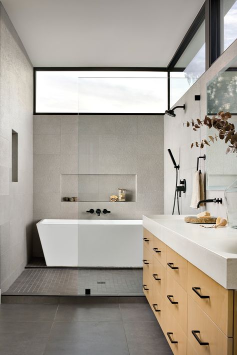 Bathroom Design Shower And Tub, Long Narrow Windows Horizontal Bathroom, Quarry House, Modern Zen Bathroom, Long Bathroom, Scary House, Table Settings Everyday, Bathroom Niche, Desert Aesthetic