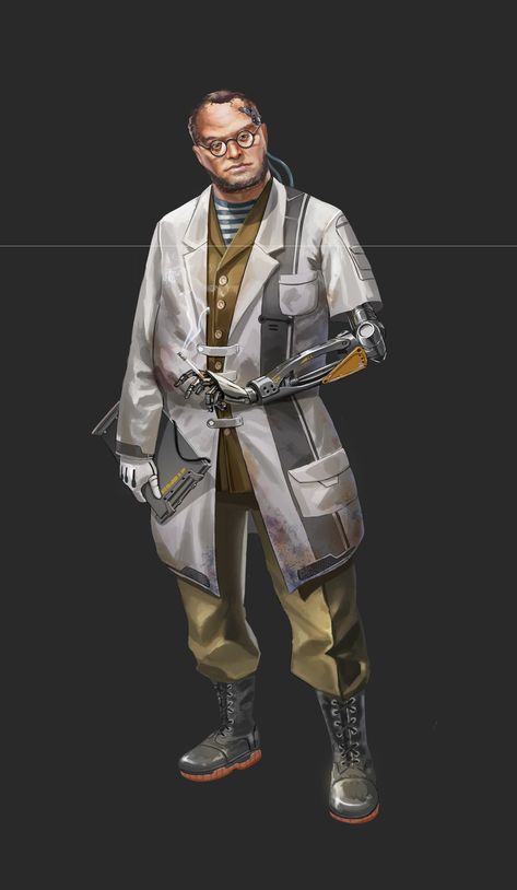 Sci Fi Space Suit Concept Art, Scientist Character Art, Scifi Medic, Urban Sci Fi, Scifi Scientist, Cyberpunk Scientist, Sci Fi Doctor, Sci Fi Scientist, Soviet Cyberpunk