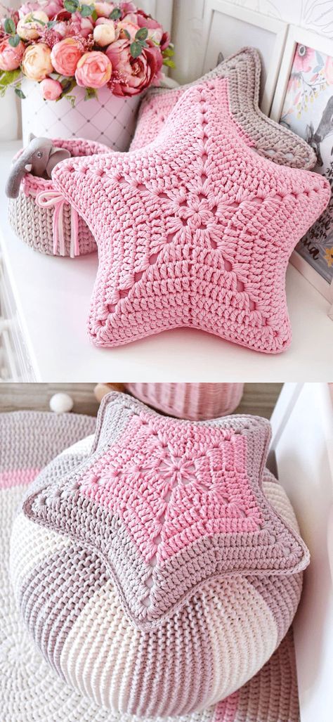 Star-Shaped Pillow Ideas Crocheted Pillows, Crochet Cushion Pattern, Shaped Pillows, Crochet Mignon, Pillow Ideas, Crochet Cushion Cover, Confection Au Crochet, Crochet Pillow Pattern, Flowers Crochet