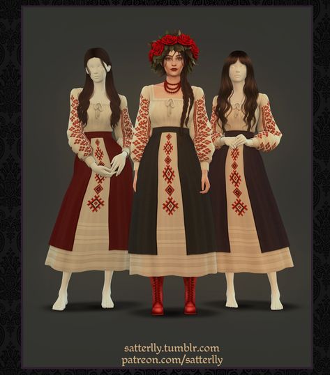 Ethno dress - Velana | satterlly on Patreon Sims 3 Medieval Cc, Sims 4 Traditional Clothes, Slavic Sims 4 Cc, Sims 4 Cc Traditional Clothes, Sims 4 Russian Cc, Sims 4 Peasant Cc, Sims 4 Medieval Cc Clothes, Sims 4 Cc Medieval Clothes, Sims 4 Medieval Cc