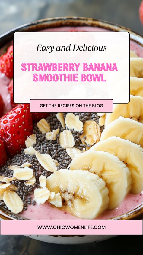 Strawberry Banana Smoothie Bowl Strawberry Banana Protein Smoothie, Protein Smoothie Bowl Recipe, Dessert Quotes, Protein Smoothie Bowl, Banana Protein Smoothie, Greek Yogurt Flavors, Banana Smoothie Bowl, Crunchy Granola, Yogurt Flavors