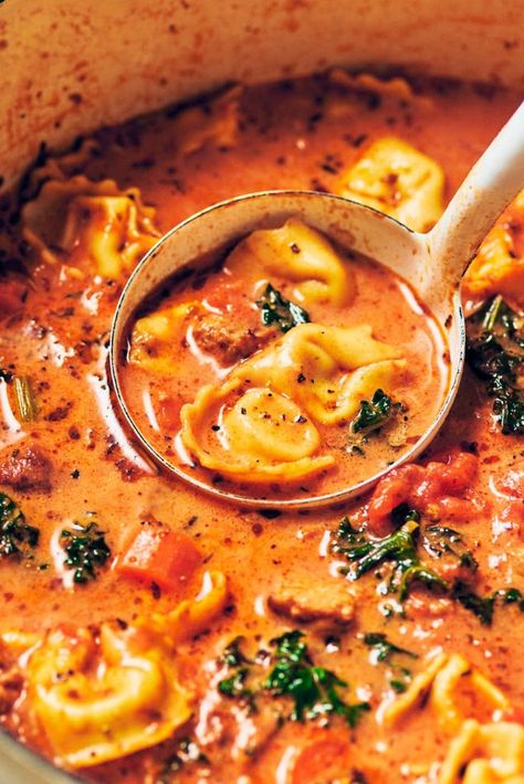 A ladle scooping out Creamy Vegetarian Tortellini Soup out of the pot for serving. Quick Cozy Meals, Tortellini Soup With Kale, Vegetarian Tortellini Soup, Vegetarian Tortellini, Evergreen Kitchen, Soup With Kale, Veggie Meals, Tortellini Soup, Cozy Meals