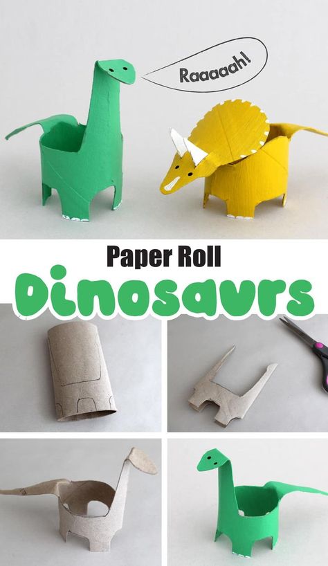 Dinosaurs made from toilet rolls with steps showing how to make them Dino Craft, Dinosaur Craft, Paper Dinosaur, Instruções Origami, Dinosaur Crafts, Toilet Paper Roll Crafts, Paper Roll Crafts, Kids' Crafts, Paper Rolls