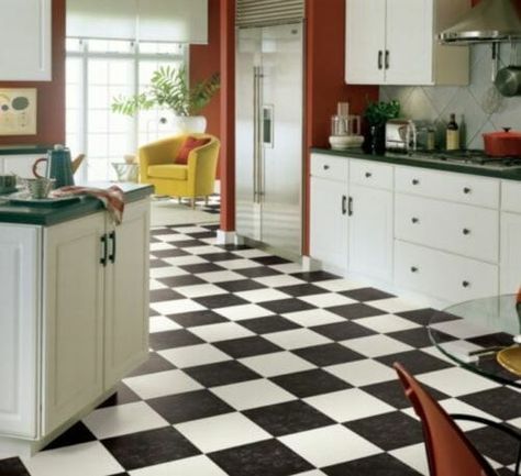 Retro black and white checkerboard flooring in vinyl is a classic durable and affordable choice for kitchens, laundry rooms or even basements. Black And White Vinyl Flooring, Vinyl Kitchen Floor, Black And White Checkered Floor, Vinyl Flooring Rolls, White Kitchen Floor, White Tile Kitchen Floor, Black And White Flooring, White Vinyl Flooring, Checkered Floor