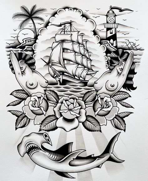 Big Traditional Tattoo, Flashes Tattoo, Traditional Ship Tattoo, Poseidon Tattoo, Mermaid Tattoo Designs, Sailor Tattoos, Torso Tattoos, Clock Tattoo Design, Tattoo Reference