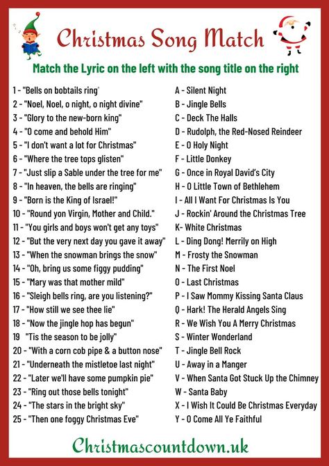 Christmas Song Matching Game Christmas Song Bingo Free Printable, Christmas Free Printable Games, Holiday Games For Adults, Christmas Quizzes, Christmas Song Games, Holiday Trivia, Christmas Eve Games, Festival Activities, Fun Family Christmas Games