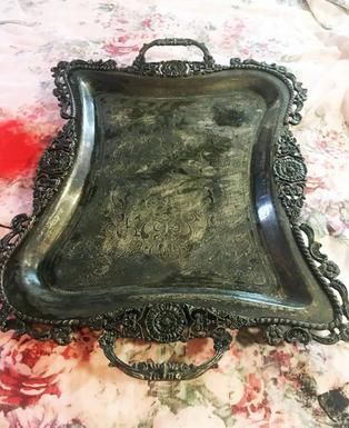 How to Upcycle a Vintage Serving Tray Using Decoupage Metal Trays Repurpose, Decoupage Wooden Tray, Silver Platters Repurpose Diy, Silver Serving Tray Decor Ideas, Silver Plated Trays Repurposed, Silver Tray Makeover, Silver Tray Repurpose, Metal Tray Makeover, Metal Tray Decor Ideas