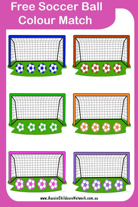 Soccer Ball Colour Match enables children to match the correct colour soccer ball into the correct colour goal. Soccer Activities For Toddlers, Learning Colors Activities, Color Activities For Toddlers, Aussie Childcare Network, Learning Colours, Toddler Soccer, Play Dough Mats, Dough Mats, Soccer Art