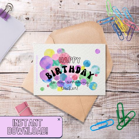 "Teacher Birthday Card | Happy Birthday to an Amazing Teacher! | Digital Printable Card | Teacher gifts This colourful card is perfect to give to your child's school teacher, or even to a co-worker in your school! Simply download the files, and print them as many times as you need. Great to pair with gifts for teachers, as you wish them a happy birthday🎈 These digital cards are printable at home or at a print shop, and super fast to create! Follow the instructions shown in my listing photos. Ea Greetings For Teachers, Happy Birthday Teacher, Six Month Birthday, Teacher Birthday Card, Happy Half Birthday, Class Birthdays, Teacher Birthday, Half Birthday, E Cards