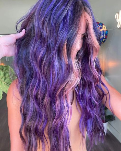 Rose Gold Hair With Purple Highlights, Dimensional Purple Balayage, Purple Hair With Pink Money Piece, Purple Hair Pink Money Piece, Rose Gold Money Piece Hair, Purple Hair With Money Piece, Lavender Money Piece Hair, Sabrina Hair, Pink Money Piece