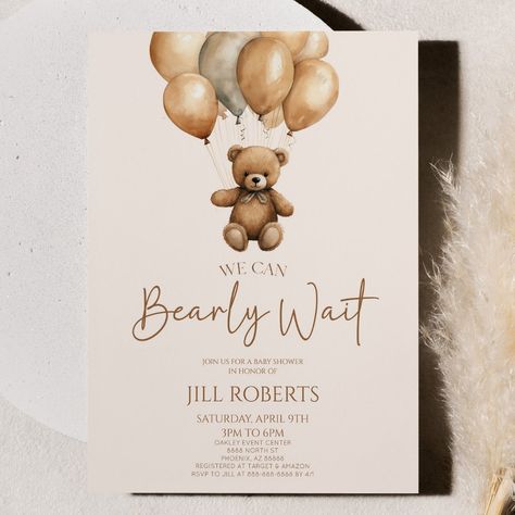 Teddy Bear Invitations we can bearly wait boho teddy bear baby shower invitation baby shower we can bearly wait barely brown teddy bear stuffed animal boy girl unisex gender neutral invite invitation minimal minimalist modern boho elegant brown gold balloons bohemian plain simple cute basic digital download custom personalizable watercolor nursery ?rf=238447258044406169&tc=weddingptrb-6 Bday Decor, Teddy Bear Baby Shower Invitations, Bear Baby Shower Theme, Bear Balloon, We Can Bearly Wait, Bear Invitations, Boho Baby Shower Invitations, Bearly Wait