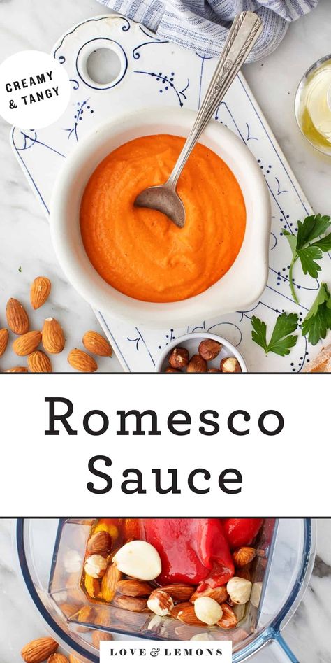 Romesco Sauce Recipe - Love and Lemons Sauces For Roasted Veggies, Savoury Sauces, Lemons Recipes, Romesco Sauce Recipe, Roasted Tomato Sauce, Veggie Skewers, Romesco Sauce, Condiment Recipes, Veggie Noodles