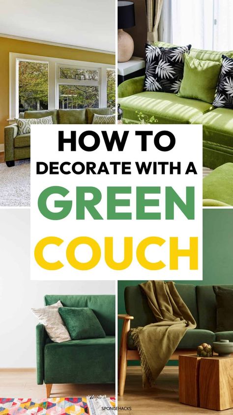 Decorate Your Living Room With a Green Couch Apple Green Living Room, Green Sectional Living Room Ideas, Chartreuse Couch, Green Couch Aesthetic, Colors That Compliment Green, Blue Green Couch, Green Couch Living Room Ideas, Green Couch Decor, Velvet Green Couch