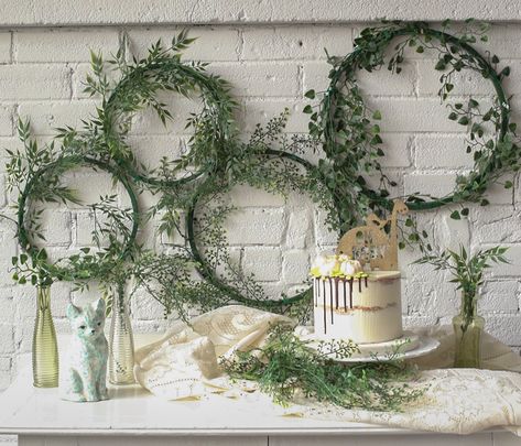 These easy DIY Foliage Wreaths are a great way to add a pretty wall design to a room or an event on a budget. | DIY, wedding shower, party decor, homemade party decorations, budget party planning, wedding decor, wedding shower, baby shower decorations, decorating with foliage, botanical wreath, artificial foliage crafts, wall decor ideas Easy Diy Wedding Decorations, Crafts Wall Decor, Homemade Party Decorations, Botanical Wreath, Diy Wedding On A Budget, Wedding Shower Party, Budget Party, Foliage Wreath, Wedding Shower Decorations