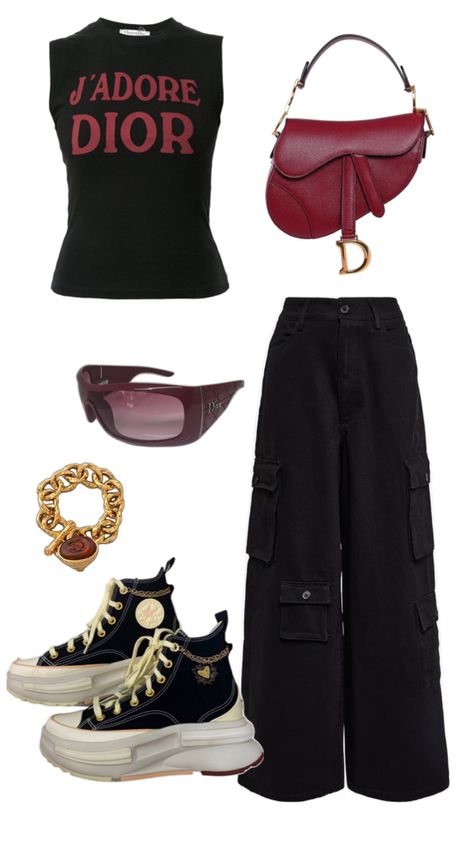 J’adore Dior tank top, Dior saddle bag, Dior sunglasses, Chanel vintage chain, black cargo pants, Converse Run Star Legacy Cargo Pants Converse, Outfits With Black Cargo Pants, Dior Tank Top, Converse Run Star Legacy, Dior Outfit, Sunglasses Chanel, J Adore Dior, Converse Run, Converse Run Star