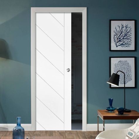 Single Pocket Monza Primed Flush Door.  #whitemodernpocketdoor #contemporarypocketdoor #contmeproarywhitedoor Pocket Door Frame, European Doors, Soft Opening, Sliding Closet, Laminated Mdf, White Door, Sliding Closet Doors, Style Français, Pocket Door