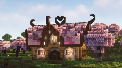 Minecraft Cherry Blossom Village Ideas, My Melody Minecraft House, Blossom House Minecraft, Cherry Grove House Minecraft, Cherry Blossom House Minecraft, Minecraft Park, Minecraft Cherry Blossom House, Cherry Blossom House, Minecraft Cherry Blossom