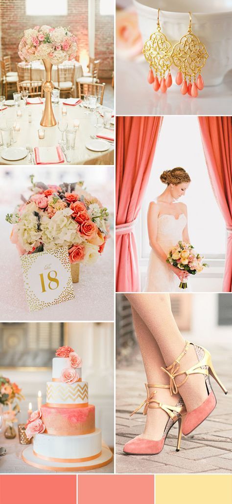 coral and light gold vintage wedding ideas Coral Ivory And Gold Wedding, Coral Peach And Gold Wedding, Coral And Gold Wedding, Peach And Gold Wedding, Peach Wedding Colors, Vintage Wedding Colors, Peach Color Palettes, Peach Echo, Wedding Color Combinations