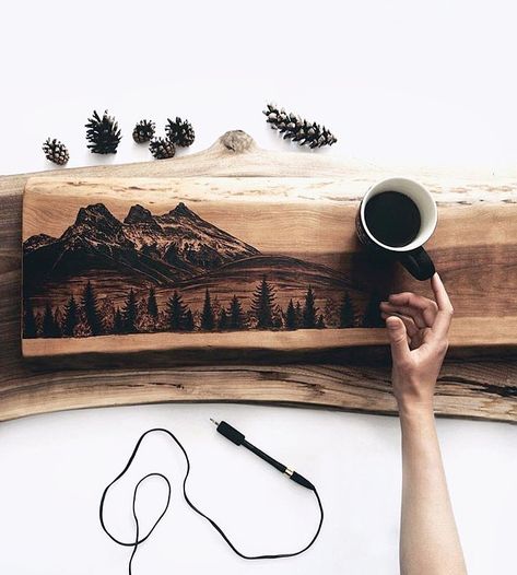 Mountainous Landscape, Wood Burn Designs, Pyrography Art, Bone Art, Wood Burning Crafts, Wood Burning Patterns, Wood Burning Art, Wood Burner, Wooden Flowers