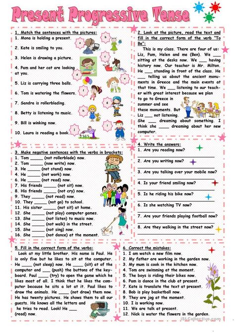 Present Progressive Tense - English ESL Worksheets Present Progressive Tense Worksheets, Present Progressive Worksheet, Present Progressive Tense, Present Continuous Worksheet, Present Progressive, Present Continuous Tense, Spanish Lessons For Kids, Present Continuous, English Teaching Materials