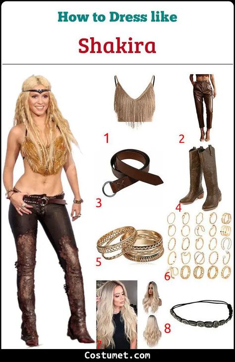 Shakira's Costume for Cosplay & Halloween 2023 Shakira Whenever Wherever Outfit, Shakira Iconic Outfit, Shakira Outfits 90s, Iconic Shakira Outfits, Shakira Concert Outfit Ideas, Shakira Halloween Costume, Shakira Costume, Shakira Music Videos, Leather Pants Boots