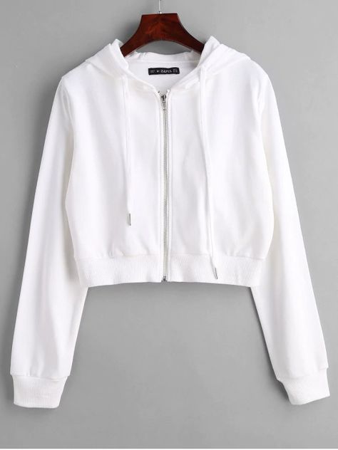 ZAFUL Drawstring Zip Up Cropped Hoodie - WHITE M Crop Hoodie, Hoodie Outfit, Drawstring Hoodie, Outfit Casual, White Hoodie, Casual Jacket, Cropped Hoodie, Primavera Estate, Online Clothing