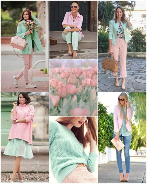 Mint Wide Leg Pants Outfit, Light Pista Colour Combination, Mint Green And Pink Outfit, Light Summer Outfit Ideas, Spring Colour Palette Outfits, Mint Green Outfits, Colour Combinations Fashion, Mix Match Outfits, Color Combos Outfit