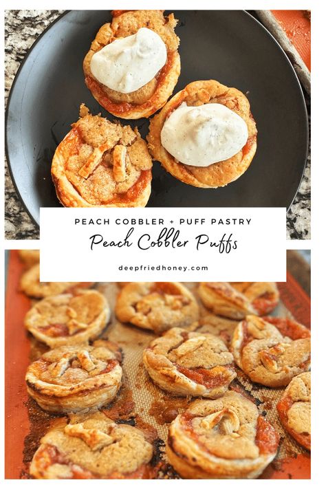 These Peach Cobbler Puffs are out of this world! Bite-sized southern peach cobbler atop flaky puff pastry. Meet your new favorite dessert. Peach Cobbler Bites, Cobbler Bites, Mini Peach Cobbler, Peach Puff Pastry, Puff Pastry Shells, Southern Peach Cobbler, Cobbler Topping, Peach Puff, Puff Pastry Dough