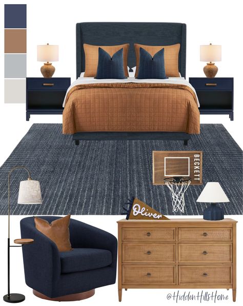 Antigua Solid Wood Bed curated on LTK Teen Boy Room Bedding, Navy And Leather Bedroom, Room For Teen Boys, Navy And Brown Bedroom, Teen Sports Bedroom, Navy Boys Bedroom, Teenager Room Ideas For Boys, Teenage Boys Room Decor, Room Decor Mood Board