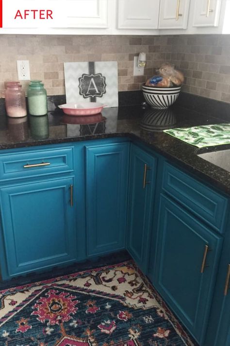 Teal Kitchen Cabinets Black Counter, Teal Blue Cabinets Kitchen, Kitchen Blue Countertops, Black And Turquoise Kitchen, Teal Blue Cabinets, Blue Kitchen Cabinets Black Countertop, Blue Cabinets Black Countertops, Black And Teal Kitchen, Turquoise Kitchen Cabinets