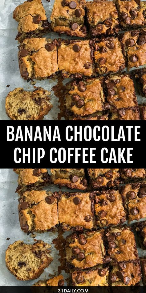 There's something special about the scent of cakes baking in the oven. This Banana Chocolate Chip Coffee Cake combines favorite comfort food ingredients into one incredibly delicious coffee cake. Banana bread -- plus chocolate chips. It's a special moment when these two come together. Easy Banana Chocolate Coffee Cake | 31Daily.com #coffeecake #bananachocolatechip #easydesserts #31Daily Banana Chocolate Chip Snack Cake, Fruit Breakfast Casserole, Coffee Cake Banana Bread, Fruit Bake, Chocolate Chip Coffee Cake, Banana Coffee Cake, Banana Chocolate Chip Cake, Banana Coffee Cakes, 31 Daily