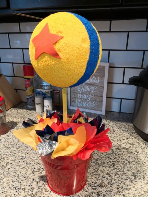 Toy Story Birthday party centerpiece idea- used a 6' styrofoam, wood stake and painted it with yellow and blue acrylic paint. Star is made out of Red foam paper. Toys Story Birthday, Toy Story Centerpieces, Toy Story Decorations, Toy Story Party Decorations, Wood Stake, Toy Story Baby, Toy Story Theme, Main Table, Birthday Party Centerpieces