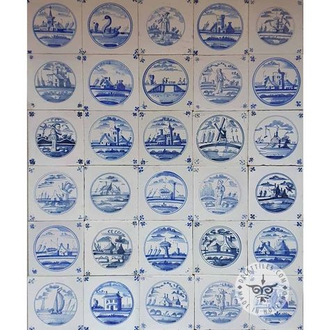 Landscape circle tile delft blue antique Nautical Tiles, Circle Tile, Circle Tiles, European Tiles, Dutch Tiles, Dutch Delft, Fireplace Tile Surround, Architectural Materials, Blue Landscape