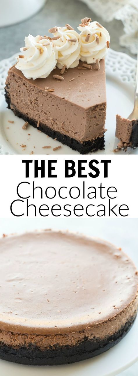 This is the BEST Chocolate Cheesecake! It’s perfectly rich, creamy (with the help of Greek yogurt), and bakes up with no cracking and no water bath needed. This is the easy way to perfect baked cheesecake! | dessert recipe | cheesecake recipe | chocolate dessert | easy recipe Best Chocolate Cheesecake, Chocolate Cheesecake Recipe, Coconut Dessert, Baked Cheesecake, Easy Chocolate Desserts, Chocolate Cheesecake Recipes, Cheesecake Dessert, Low Carb Cheesecake, Brownie Desserts