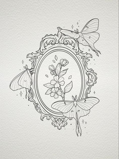 Beautiful looking glass for Sierra 🪞✨ I love her ideas, I’m so happy to bring this looking glass mirror tattoo design to life 🦋 swipe for the colored version! #lookingglass #tattoodesign #lunamoth Basic Line Tattoo, Floral Tattoo Design Drawings, Traditional Frame Tattoo, Window Tattoo Design, Antique Frame Tattoo, Feminine Gothic Tattoo, Small Line Work Tattoo, Vintage Frame Tattoo, Luna Moth Tattoo