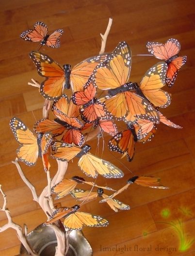 Butterfly Wedding Centerpieces, Butterfly Fascinator, Butterfly Wedding Theme, Butterfly Centerpieces, Orange Butterflies, Feather Bouquet, Hat Hair, Butterfly Wedding, Orange Butterfly