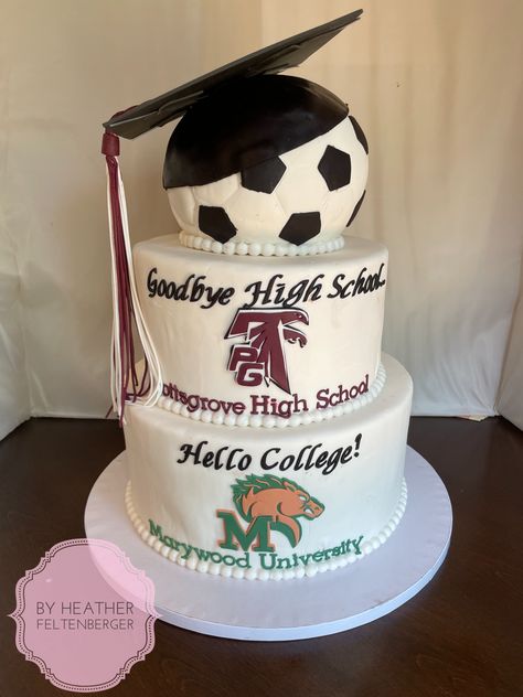 3-tier graduation cake, Goodbye High School Hello College, Soccer, Pottsgrove High School to Marywood University Trunk Party Cake Ideas, High School To College Graduation Cakes, Soccer Graduation Cakes, Cute Graduation Cakes High Schools, Graduation Party Cake Ideas High School, Boys Graduation Cakes For High School, High School Graduation Party Ideas 2024 Boy, High School Graduation Cakes 2024, Boy Graduation Cake Ideas