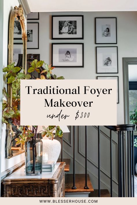 A Cheap & Cozy Entryway Décor Makeover Under $300. Looking for an affordable way to update your foyer? We recently did an entryway makeover for less than $300, and I’m sharing all the details! From entryway table styling to a stairway gallery wall, I’ll show you how we refreshed our hallway with budget-friendly ideas. Click through to see our cheap foyer décor and entryway makeover. Entryway ideas, foyer décor, cheap home décor entryway Foyer Decorating Ideas, Entryway Table Styling, Cozy Entryway, Entrance Ideas Entryway, Stairway Gallery, Stairway Gallery Wall, Entryway Design Ideas, Transitional Entryway, Traditional Foyer