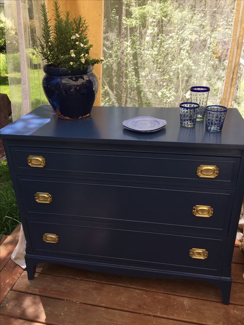 Refinished three drawer Hepplewhite dresser. Done in a deep navy blue, with a hint of royal blue. Original hardware polished and refinished. Sealed and beeswax Dark Blue Dresser Makeover, Dark Blue Dressers Painted, Hepplewhite Dresser, Blue Dresser With Black Glaze Dresser, Vintage Blue Dresser, Navy Blue Vintage Dresser, Navy Blue Paint, Blue Dresser, Deep Navy Blue