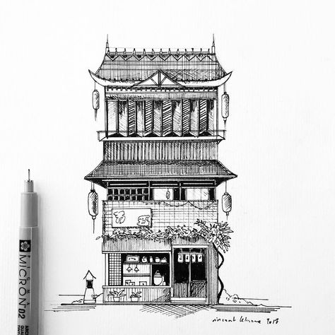 Japanese House Drawing Sketches, Japanese Architecture Painting, Pen Art Buildings Architectural Sketches, Drawing Japanese House, Japanese Houses Drawings, Japanese Building Sketch, Japan Building Drawing, Japanese Building Art, Choi Ung Artwork